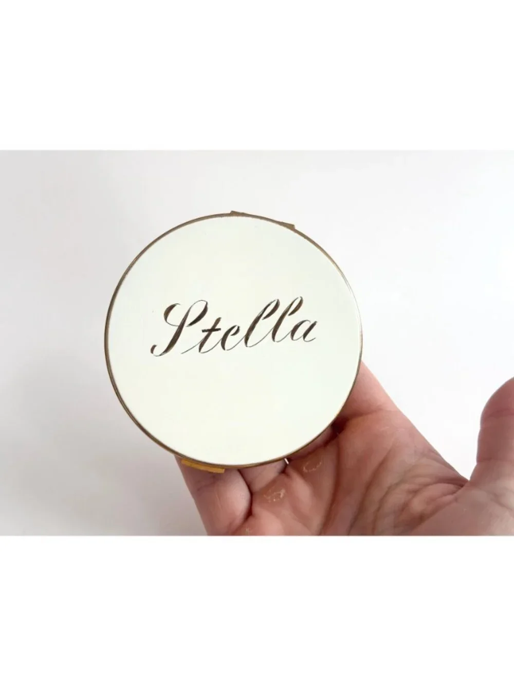 Rare Elgin American Powder Gold Toned STELLA Enamel & Mesh Hinged Mirror Compact